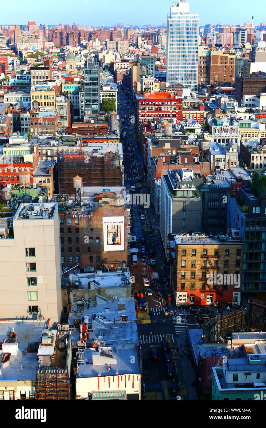Aerial view of SoHo rooftops, with TriBeCa, East Village, West Village