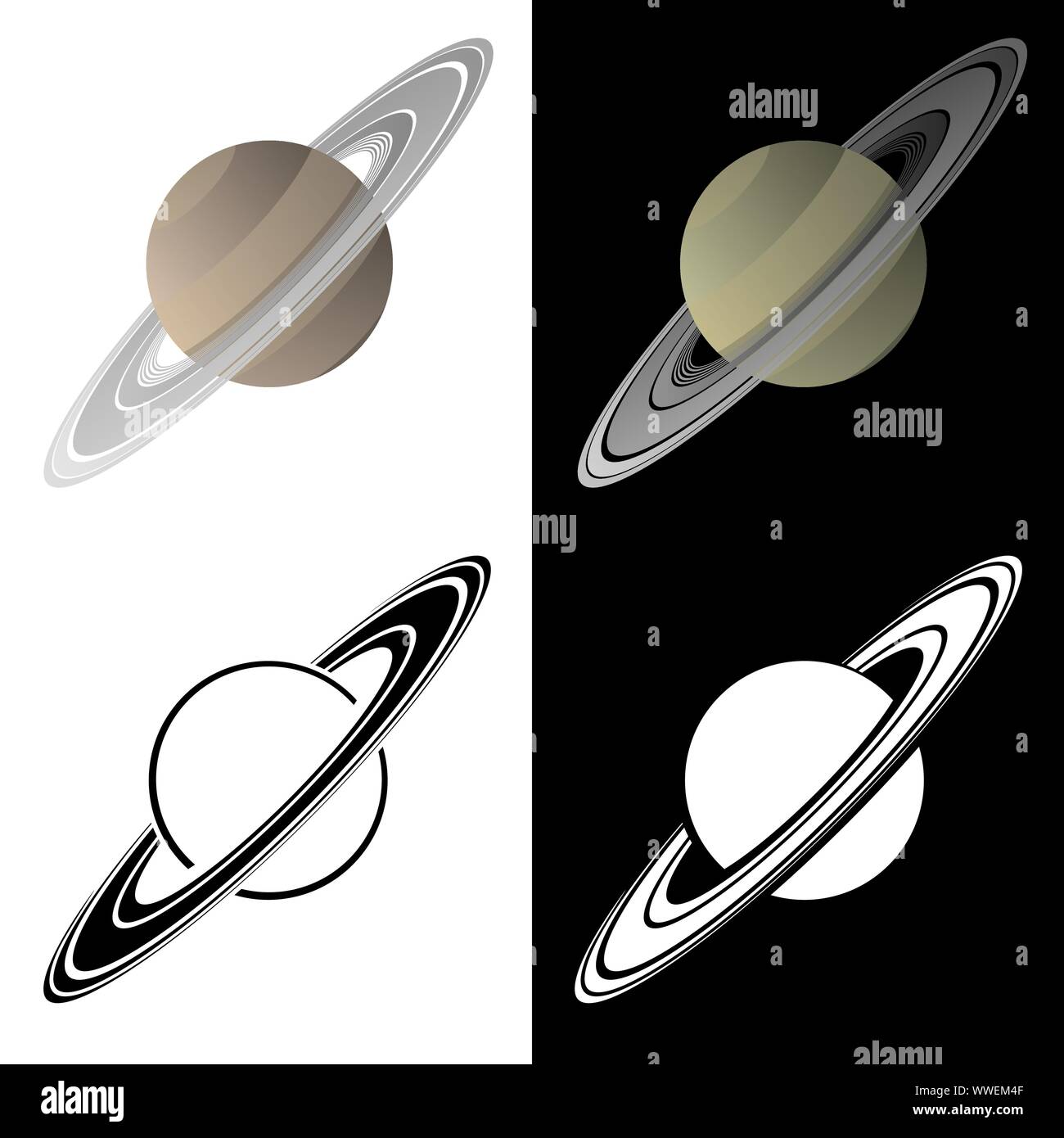Saturn Isolated Vector Illustration in Full Color, Black Line Art, and