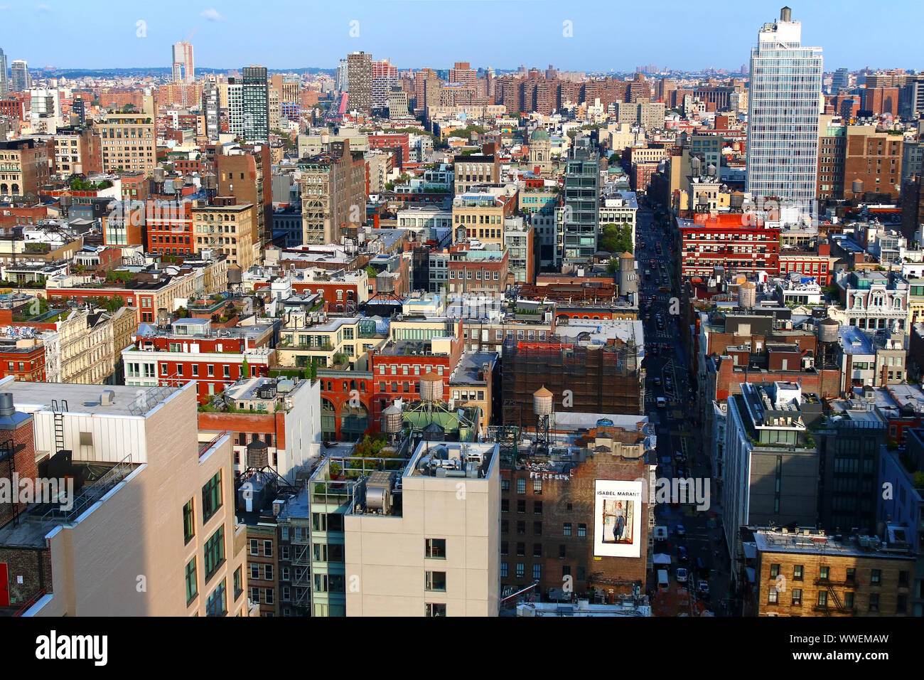 Aerial view of SoHo rooftops, with TriBeCa, East Village, West Village