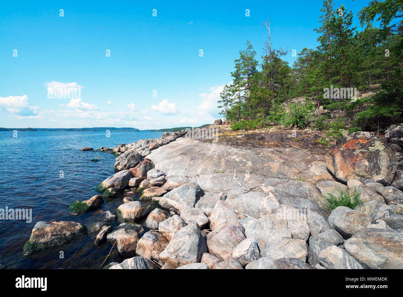 Stony shore of the island of Malusare on the lake . Ladoga Skerries, Karelia Stock Photo