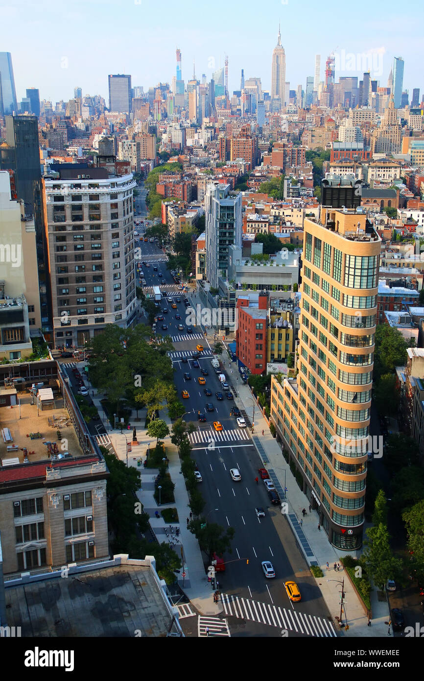 Aerial view of SoHo rooftops, with TriBeCa, East Village, West Village