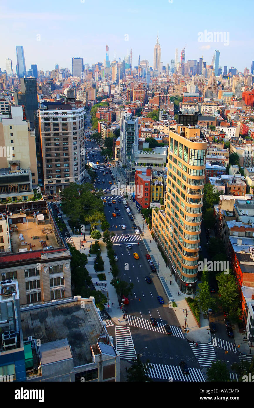 Aerial view of SoHo rooftops, with TriBeCa, East Village, West Village