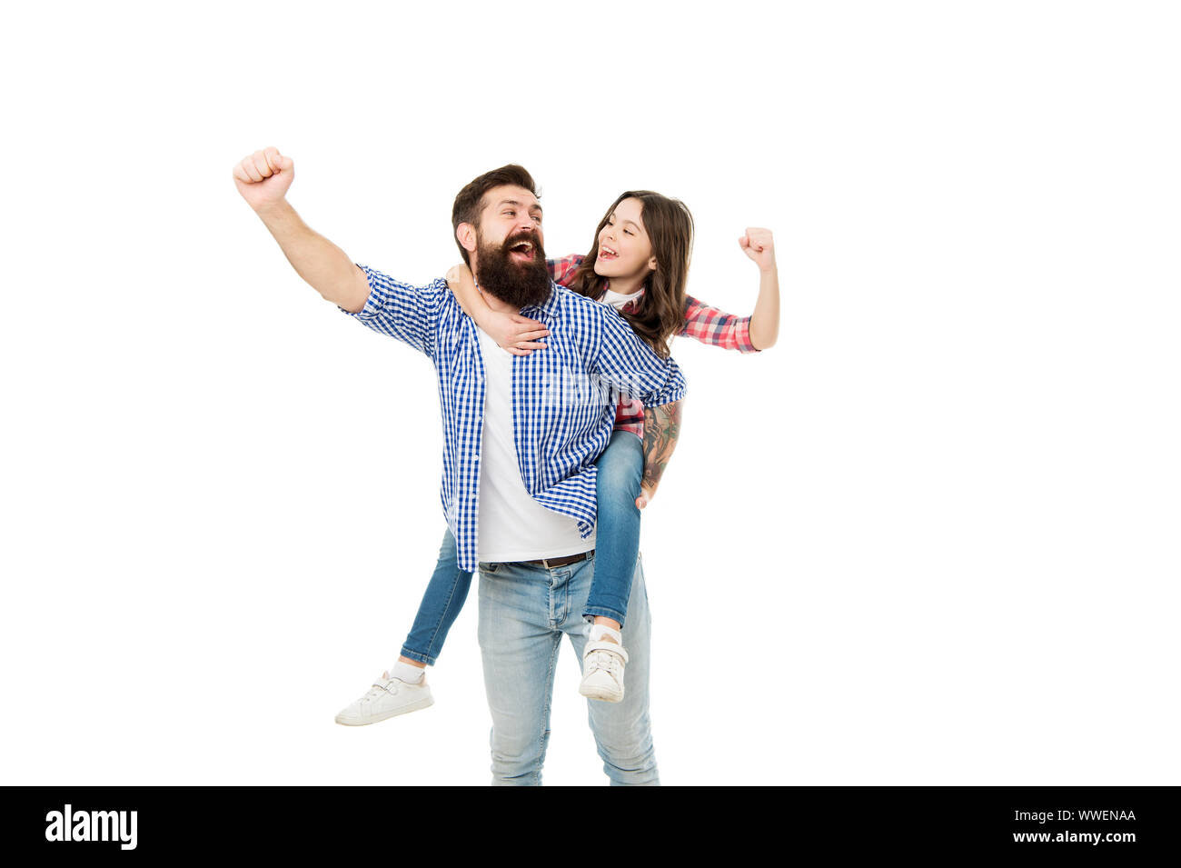 Happiness being father of girl. Holiday celebration. Active leisure. Fathers day. Father example noble human. Father little daughter. Best friends. Dad strong piggybacking adorable child. Having fun. Stock Photo