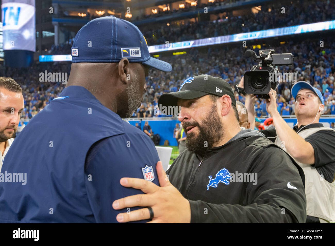 DETROIT, MI - SEPTEMBER 15: Detroit Lions head coach Matt Patricia and Los Angeles Chargers head coach Anthony Lynn shake hands following the NFL game between Los Angeles Chargers and Detroit Lions on September 15, 2019 at Ford Field in Detroit, MI (Photo by Allan Dranberg/CSM) Stock Photo