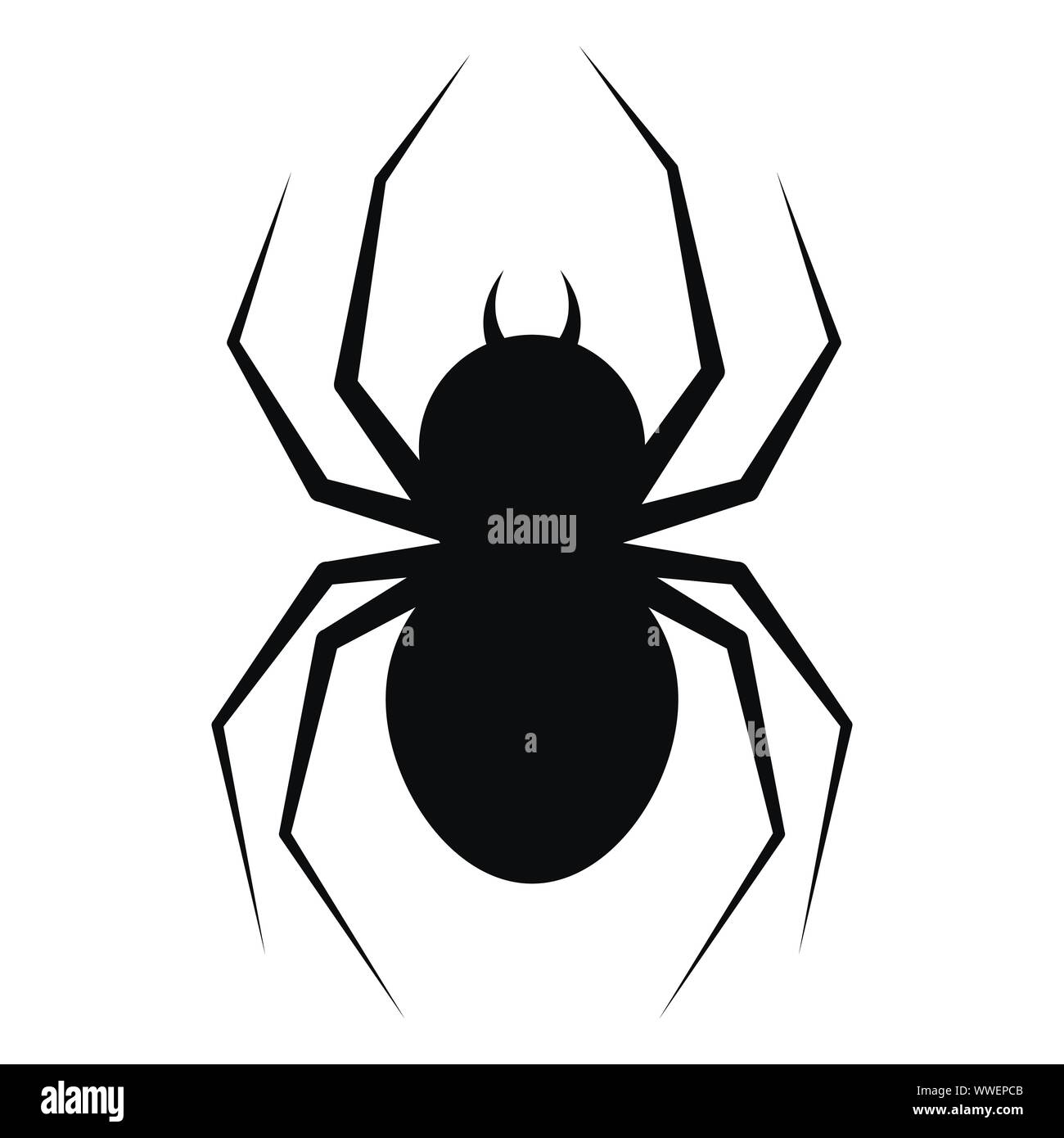 Vector illustration of flat design black spider with fangs silhouette icon isolated on white background. Stock Vector