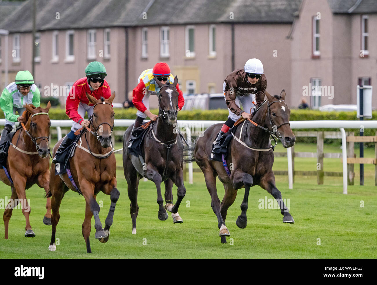 A moment in the Pommery Champagne Edinburgh Cup Handicap at Musselburgh - 14th September 2019. Stock Photo