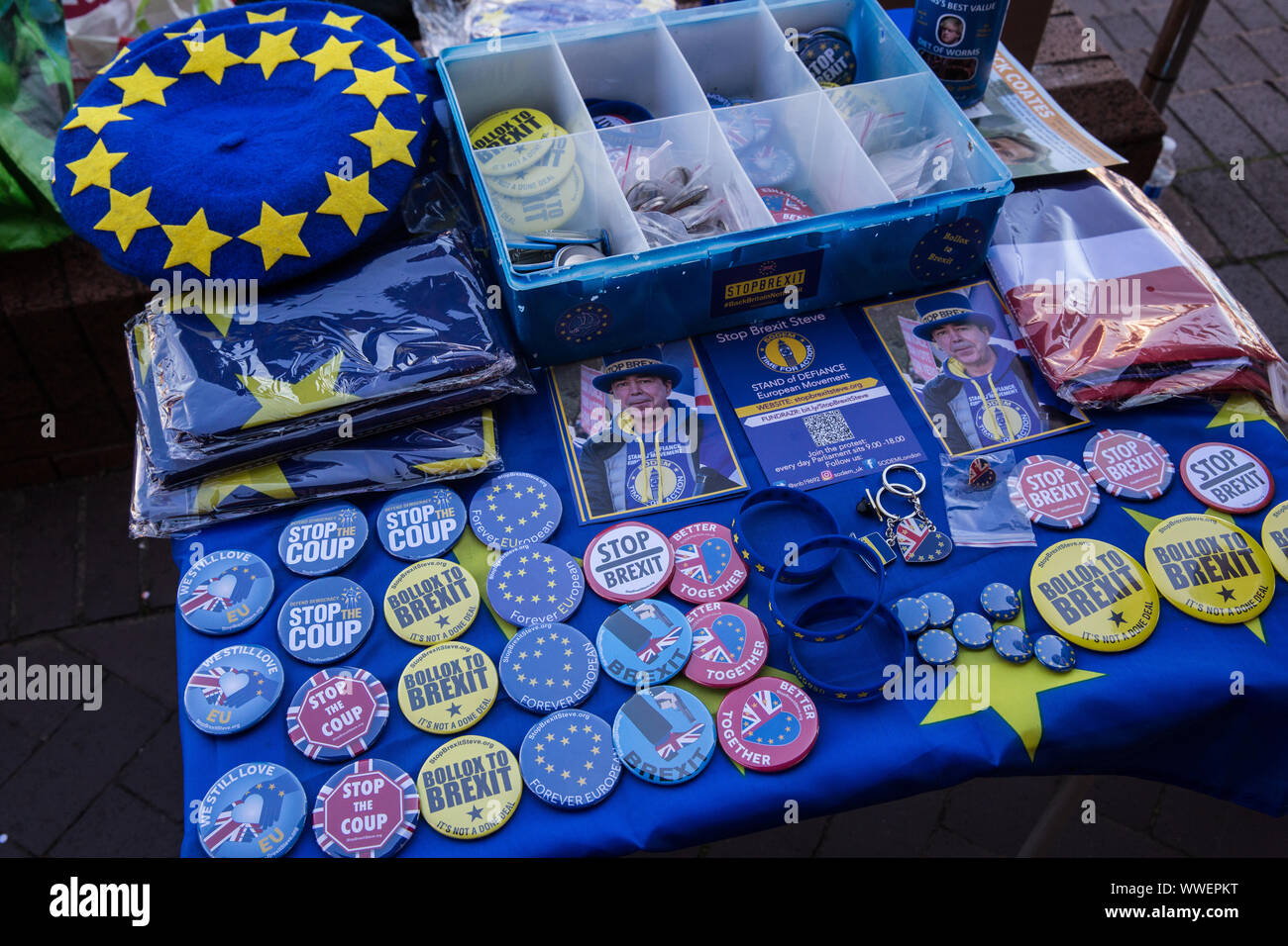 Bournemouth, UK. 15 September, 2019. Stand of Defiance European Movement (SODEM) lobbying materials outside the Liberal Democrat Autumn Conference on the day that party members voted by an overwhelming majority to cancel Brexit if elected to power at the next general election. Credit: Mark Kerrison/Alamy Live News Stock Photo