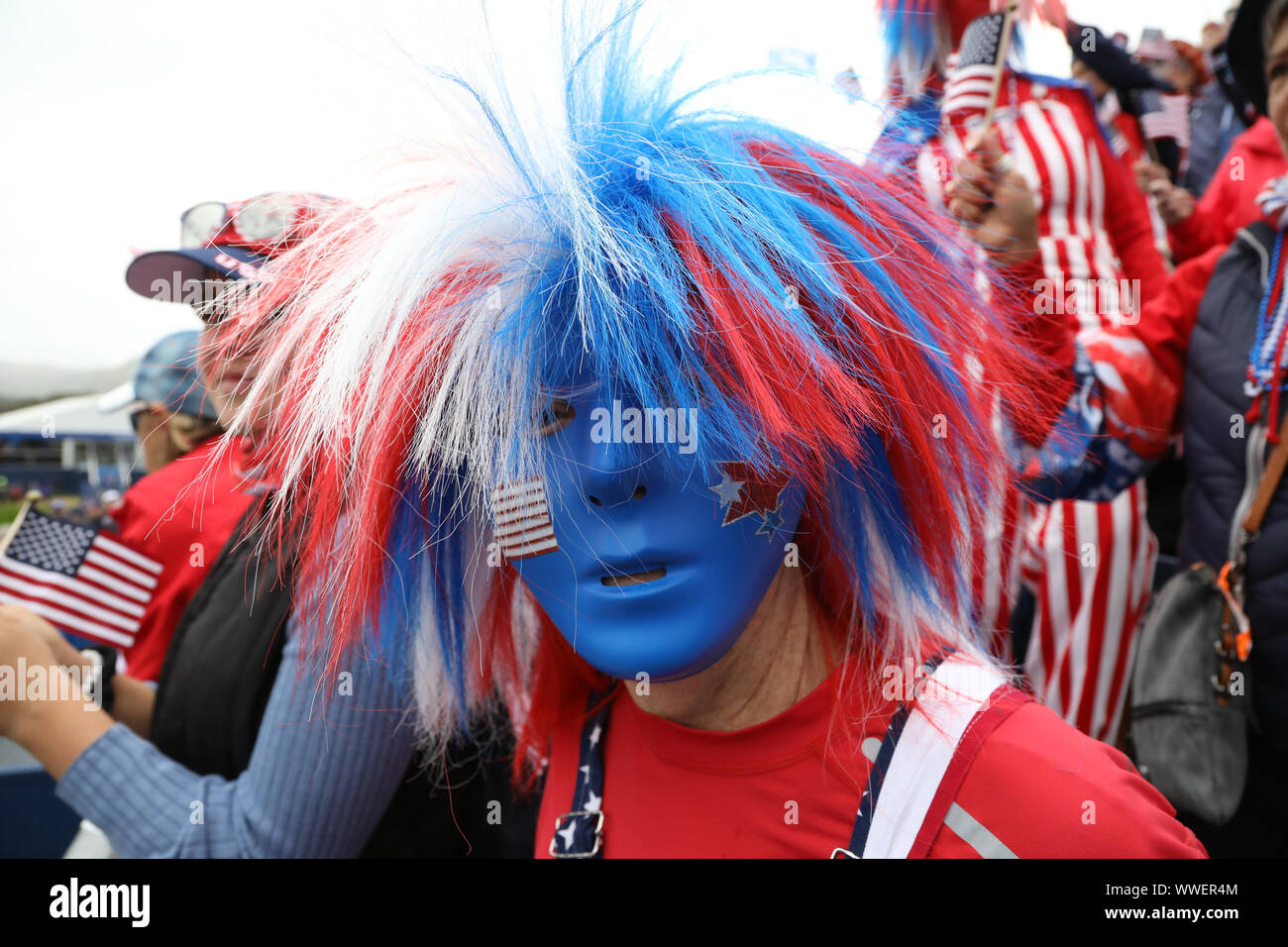 Gleneagles, UK. 15 September 2019. On the final day of the Solheim Cup Ladies Golf tournament between Europe and the United States of America held over the PGA centenary course, Gleneagles, Scotland, many of the supporters came out in fancy costumes and face paint to show support for their respective teams. In the end, Europe won the competition and took the Cup by 14 1/2 points to 13 1/2. Credit: Findlay/ Alamy News Stock Photo