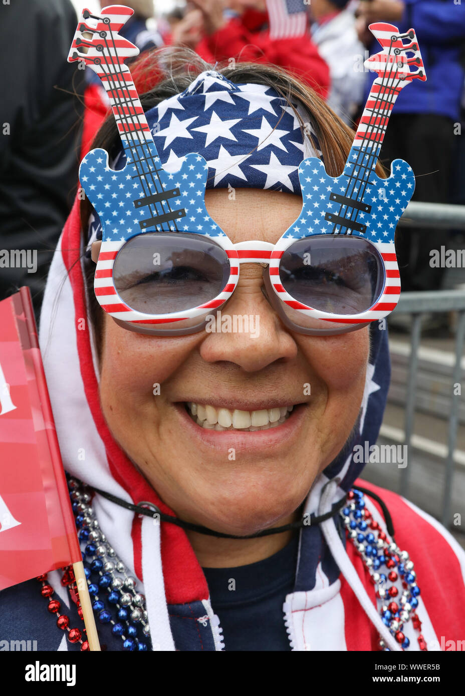 Gleneagles, UK. 15 September 2019. On the final day of the Solheim Cup Ladies Golf tournament between Europe and the United States of America held over the PGA centenary course, Gleneagles, Scotland, many of the supporters came out in fancy costumes and face paint to show support for their respective teams. In the end, Europe won the competition and took the Cup by 14 1/2 points to 13 1/2. Credit: Findlay/ Alamy News Stock Photo