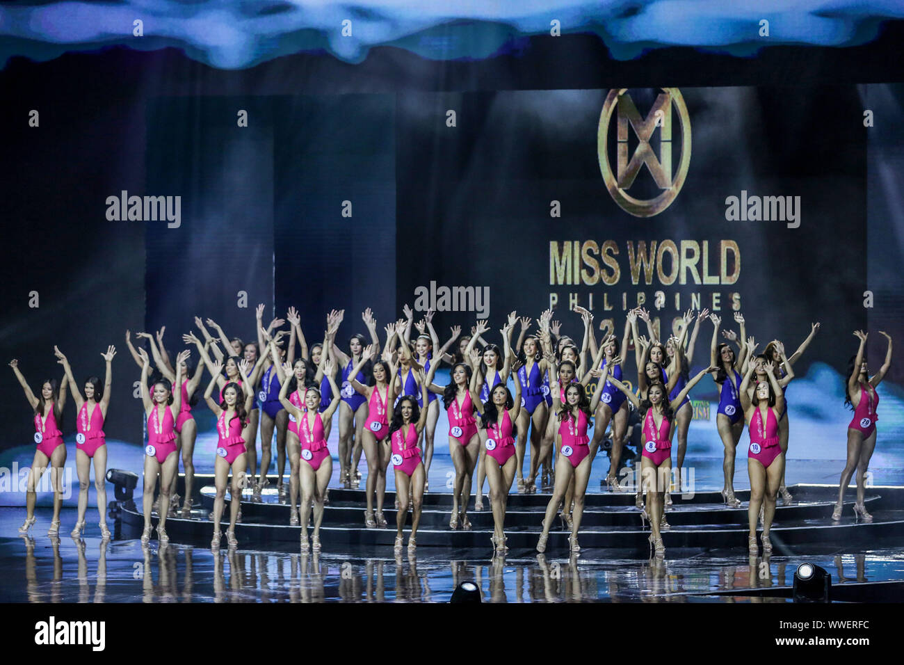 Quezon City, Philippines. 15th Sep, 2019. Contestants pose in their swimsuits during the coronation night of Miss World Philippines 2019 in Quezon City, the Philippines, Sept. 15, 2019. Michelle Dee won the crown of Miss World Philippines 2019 and will represent the Philippines in the Miss world 2019 pageant in December. Credit: Rouelle Umali/Xinhua/Alamy Live News Stock Photo