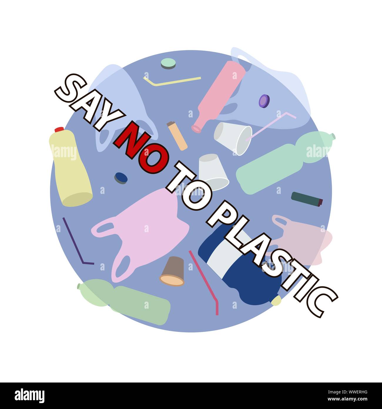 Say no to plastic slogan over the plastic garbage. Protest against plastic pollution. Environmental problem concept. Vector illustration Stock Vector
