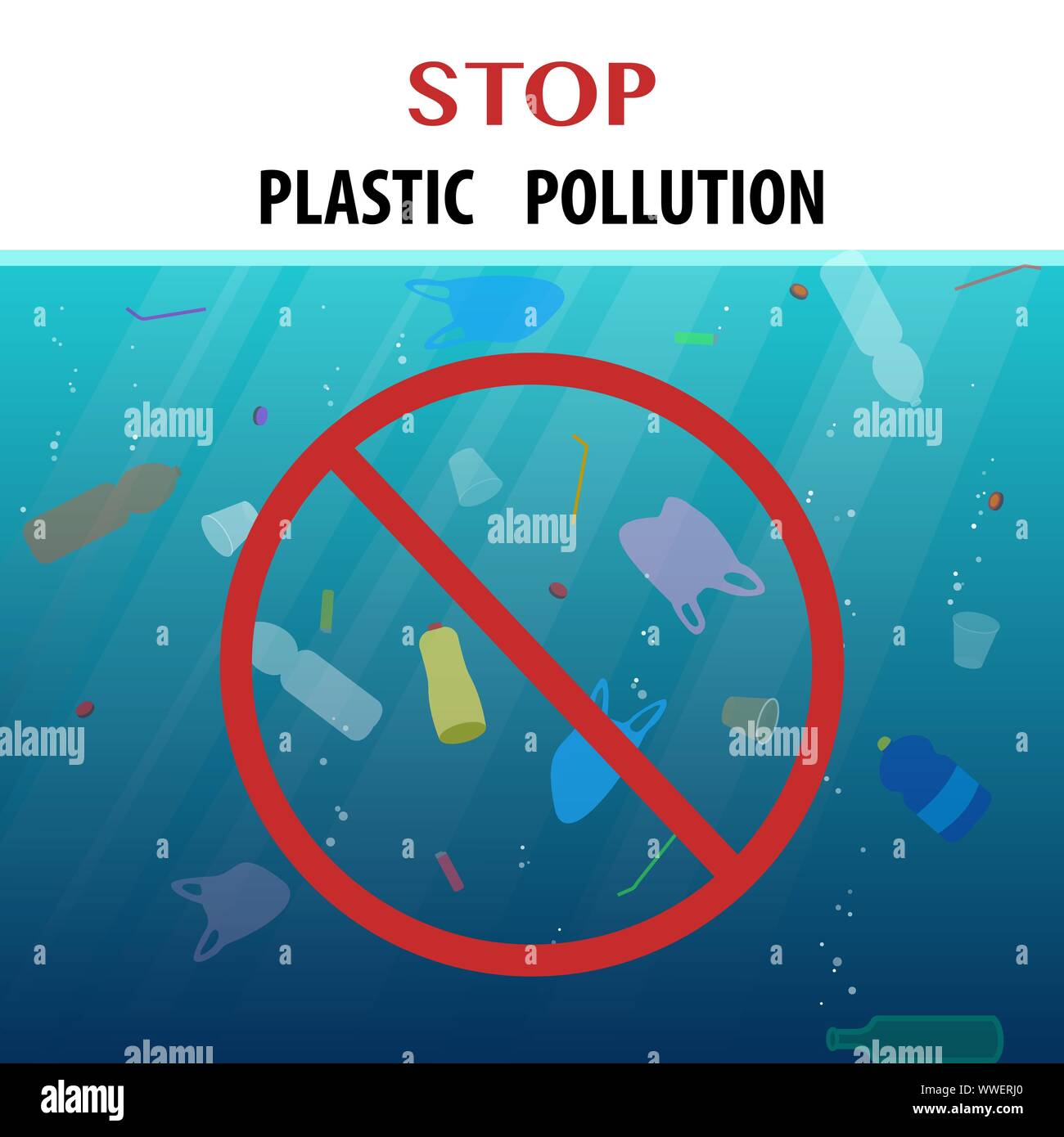 Stop plastic pollution ecological poster with floating garbage in the ocean and rad round sign. Global environmental problem concept. Vector illustrat Stock Vector