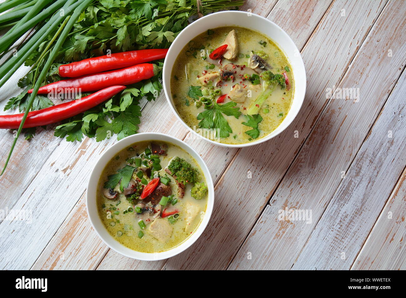 Traditional Thai Cuisine Thai Spicy Green Curry Chicken Soup Withcoconut Milk Mushrooms And Broccoli Healthy Food Stock Photo Alamy