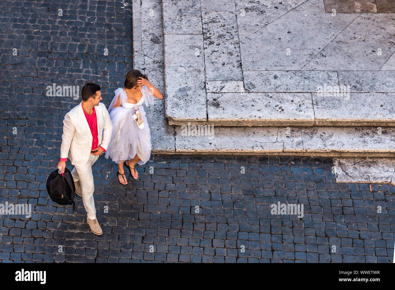 Rome, Italy - July 17, 2019: Young wedding couple by the Pantheon in Rome, Italy. Beautiful young wedding couple by the Pantheon in Rome, Italy Stock Photo