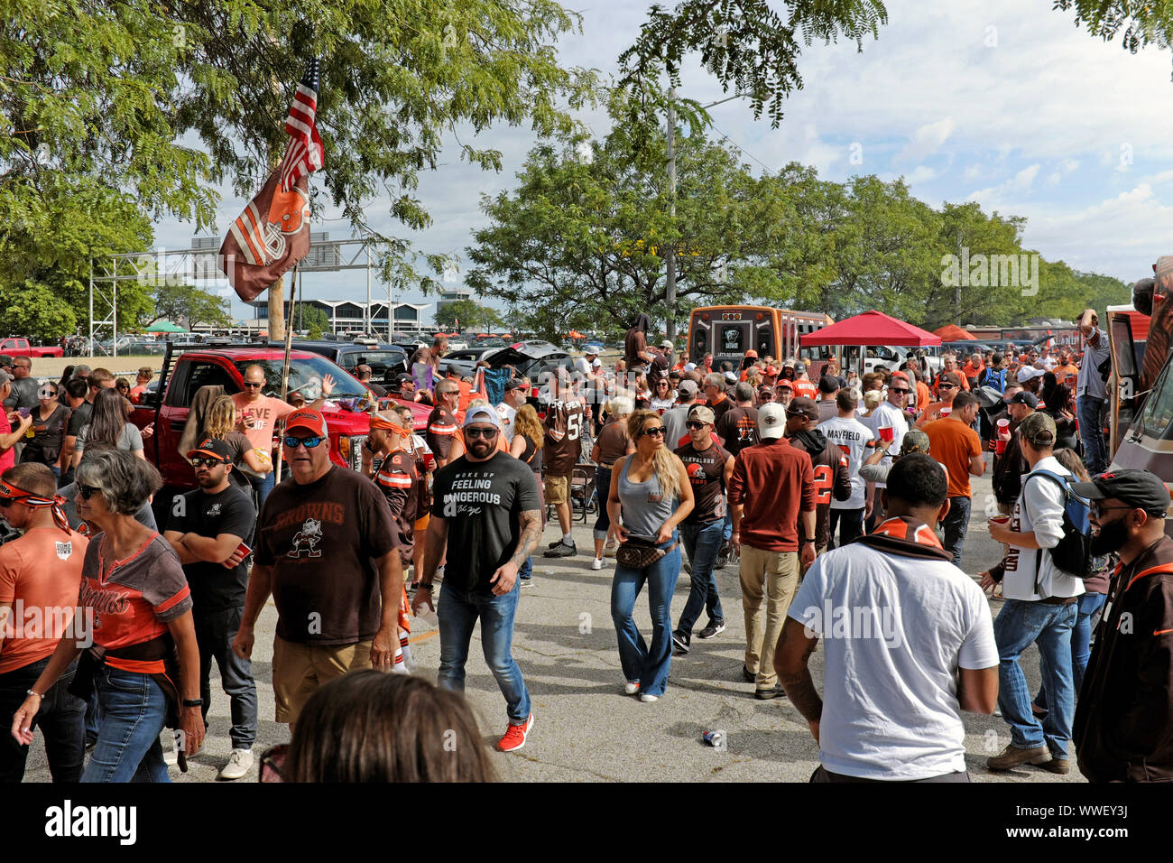 Cleveland Browns football fans fill the Municipal (Muni) Lot for tailgating in Cleveland, Ohio, USA prior to their 2019 home opening game. Stock Photo