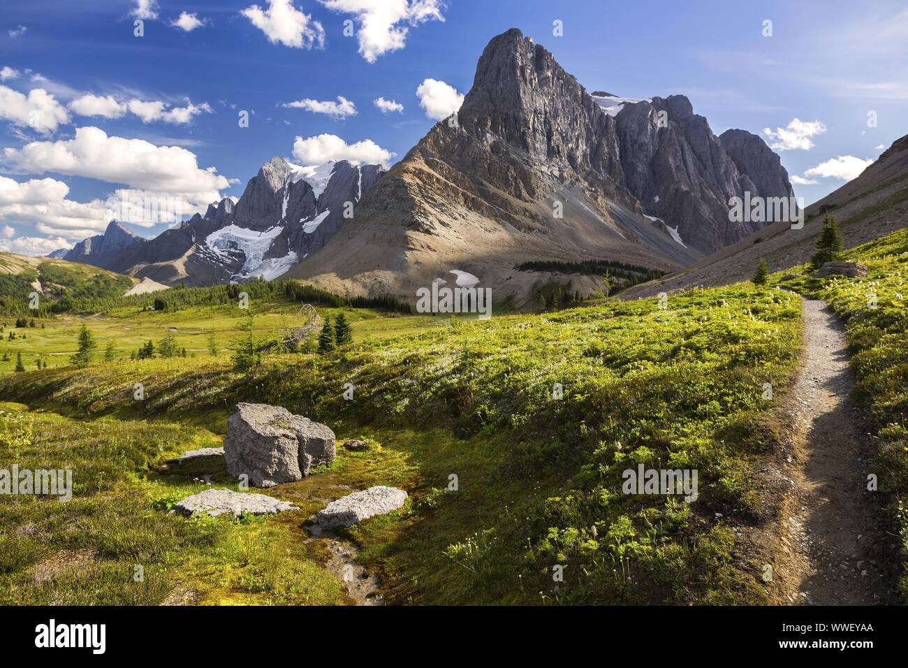 Green Alpine Meadow Landscape Rockwall Mountain Cliffs Skyline