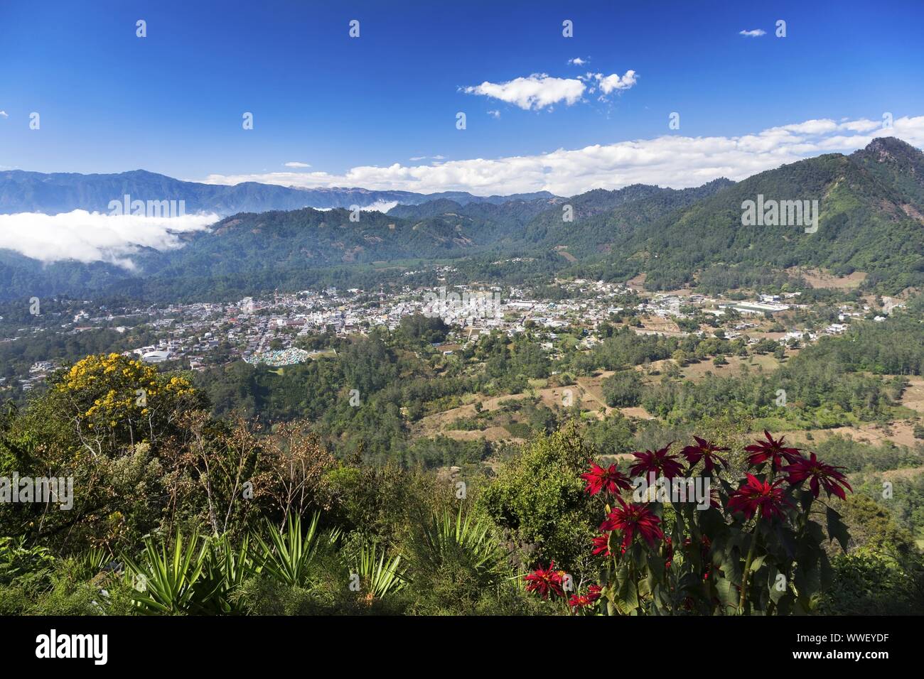 Scenic Aerial Landscape View of Guatemala Highlands, Sierra Madre Mountains and Local Village from Summit of Indian Nose Volcano above Lake Atitlan Stock Photo