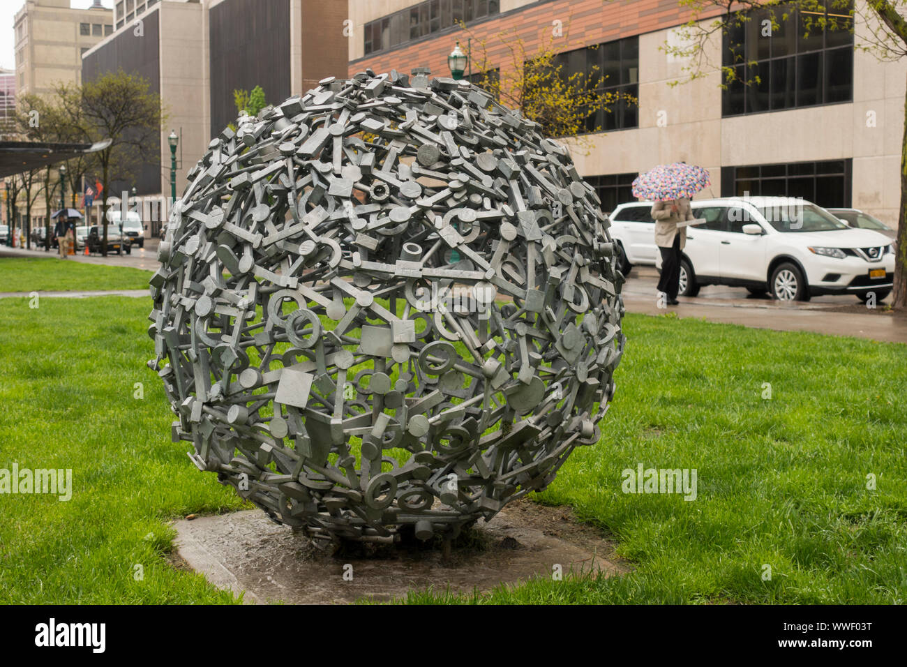 Round found objects sculpture in park Syracuse NY Stock Photo - Alamy