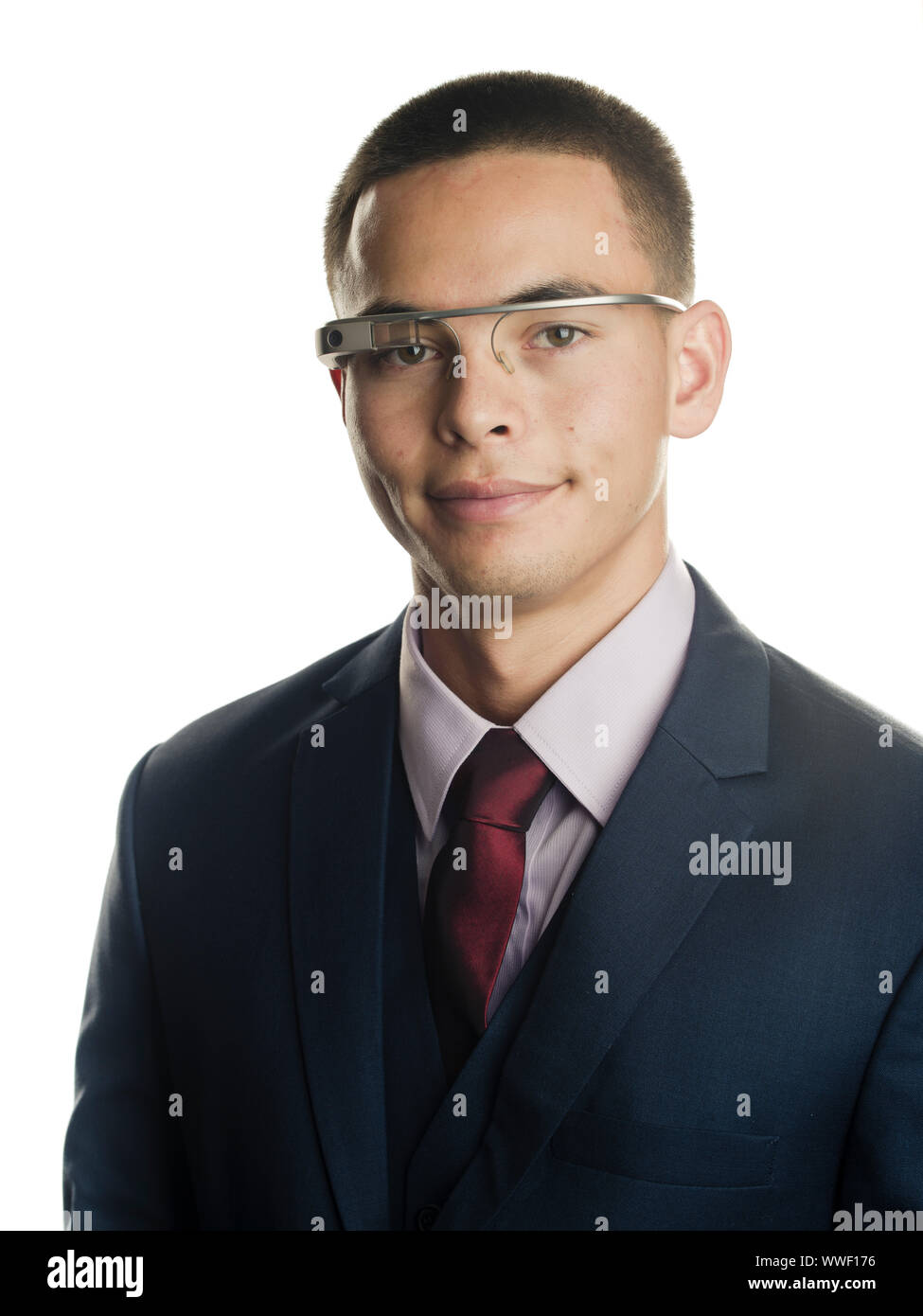 Google glass  smart glasses—an optical head-mounted display used in a business setting Stock Photo