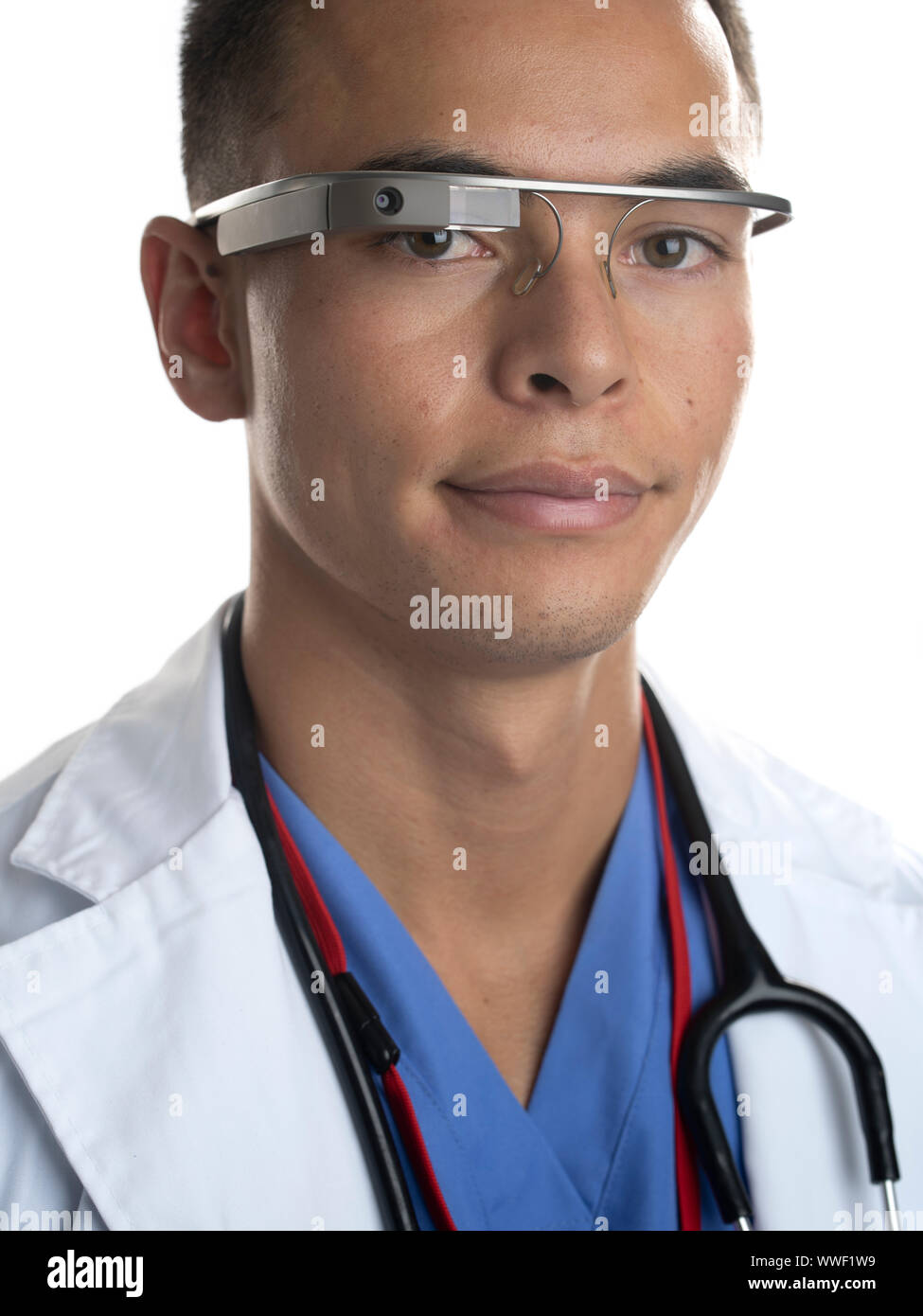 Google glass  smart glasses—an optical head-mounted display used in a medical setting Stock Photo