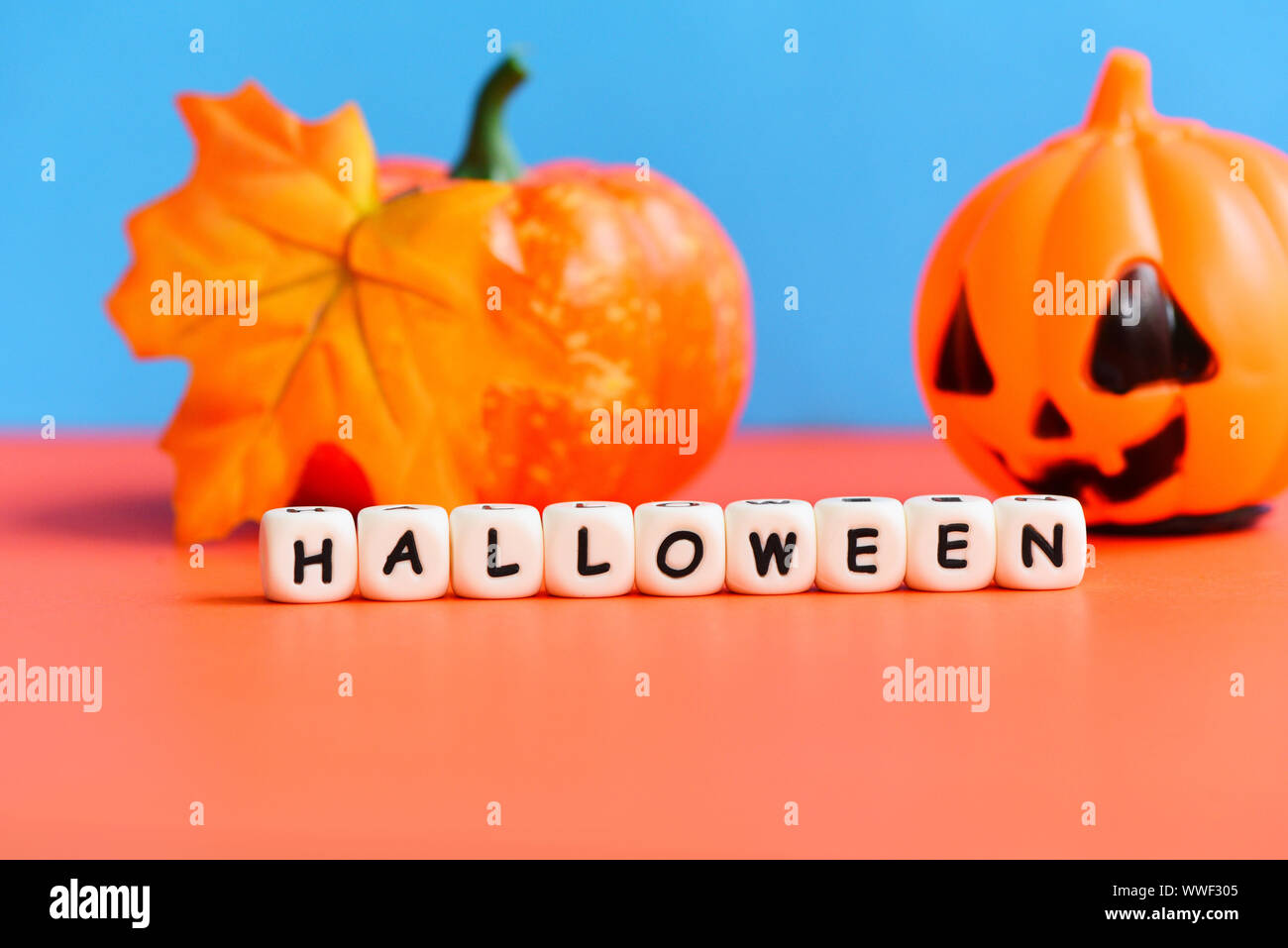 Halloween background with leaves autumn on orange and blue decorated ...