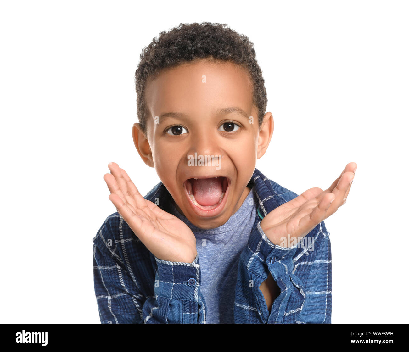 Funny AfricanAmerican boy on white background Stock Photo Alamy