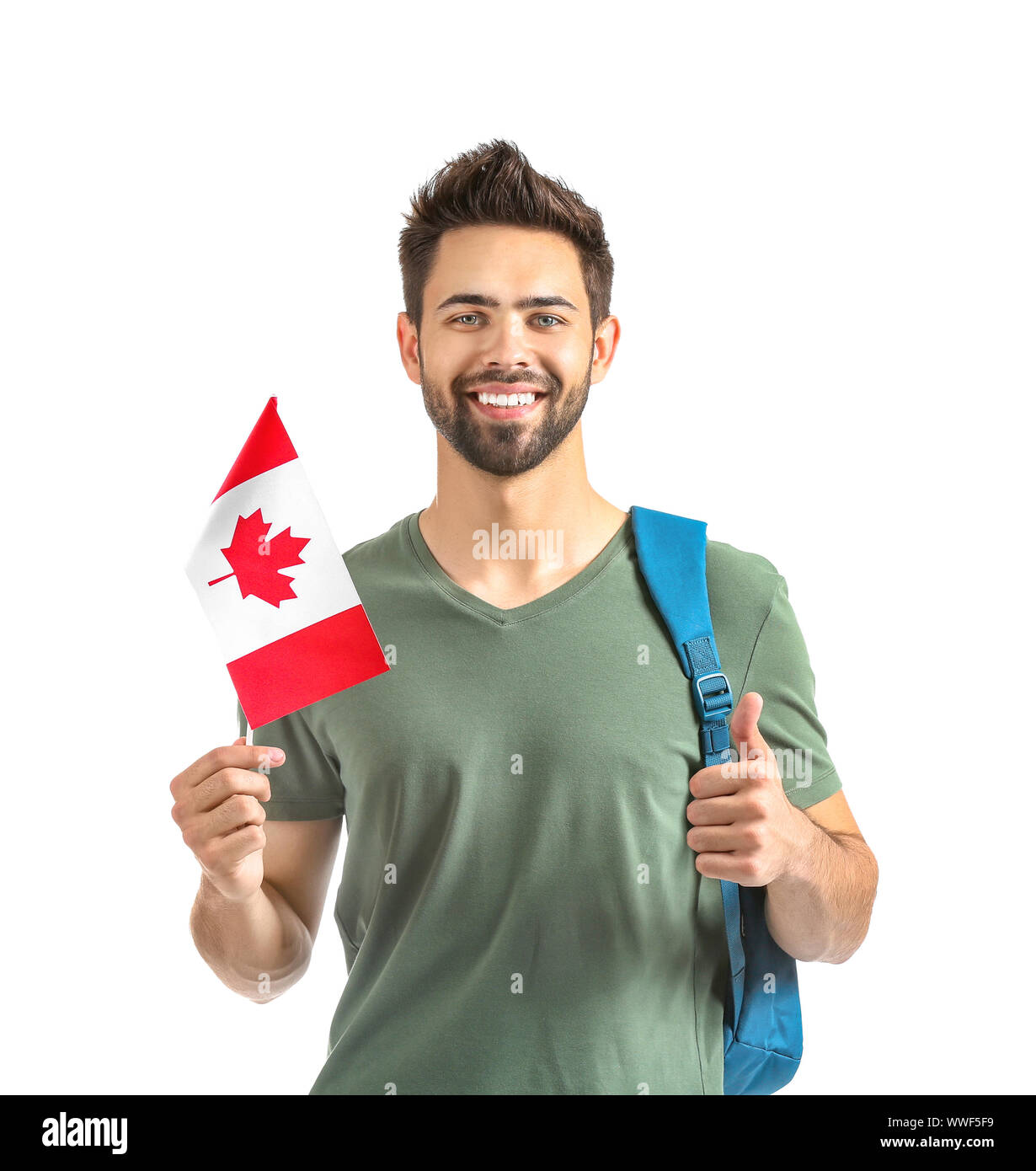 Male student with Canadian flag on white background Stock Photo Alamy