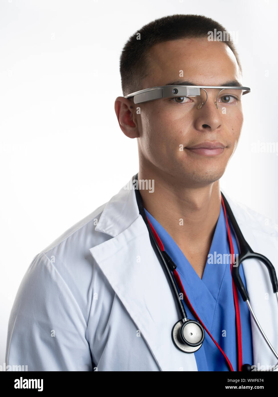 Google glass  smart glasses—an optical head-mounted display used in a medical setting Stock Photo