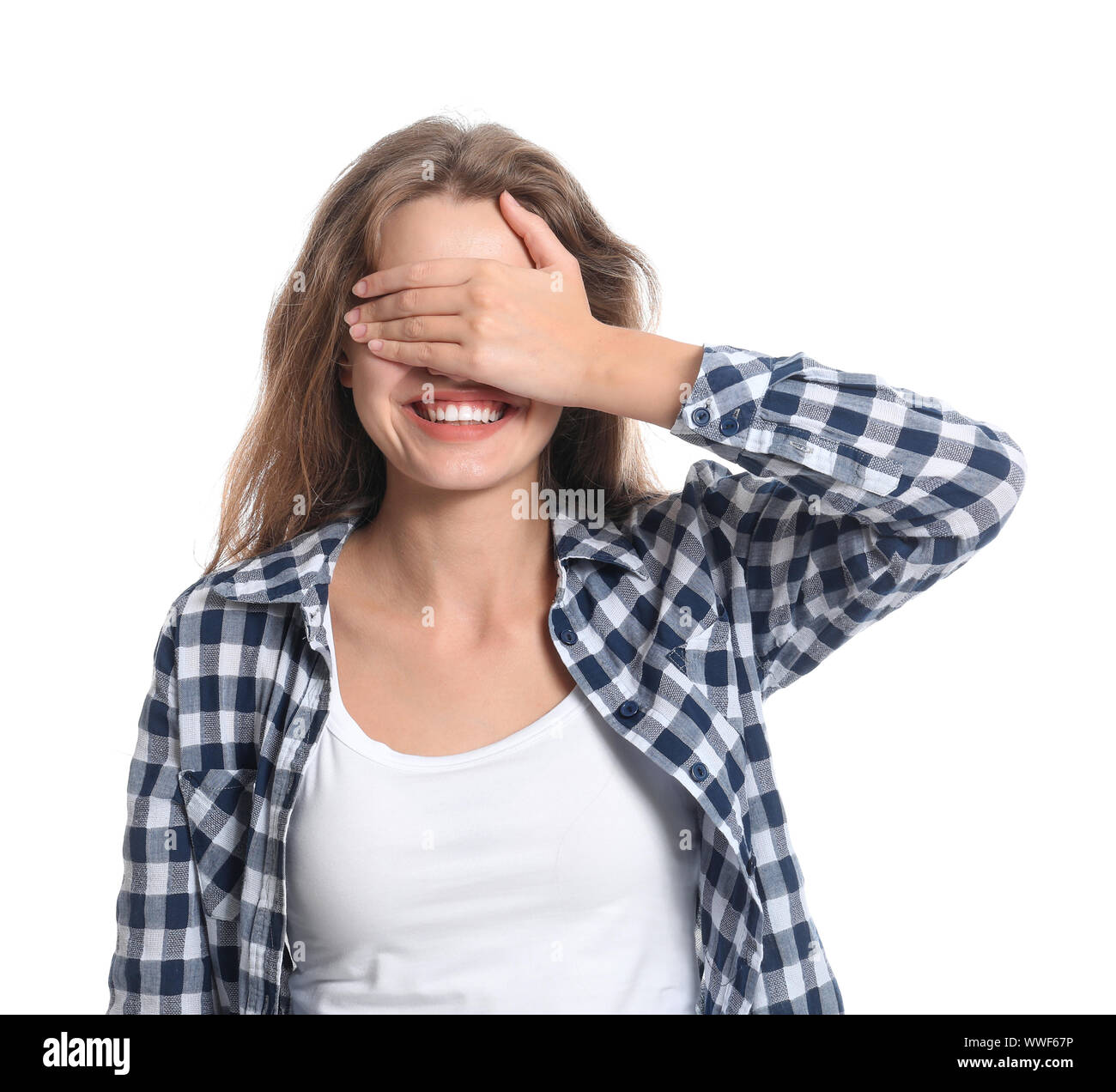 Happy Man Blindfold Person Showing Super Stock Photo 1696869070