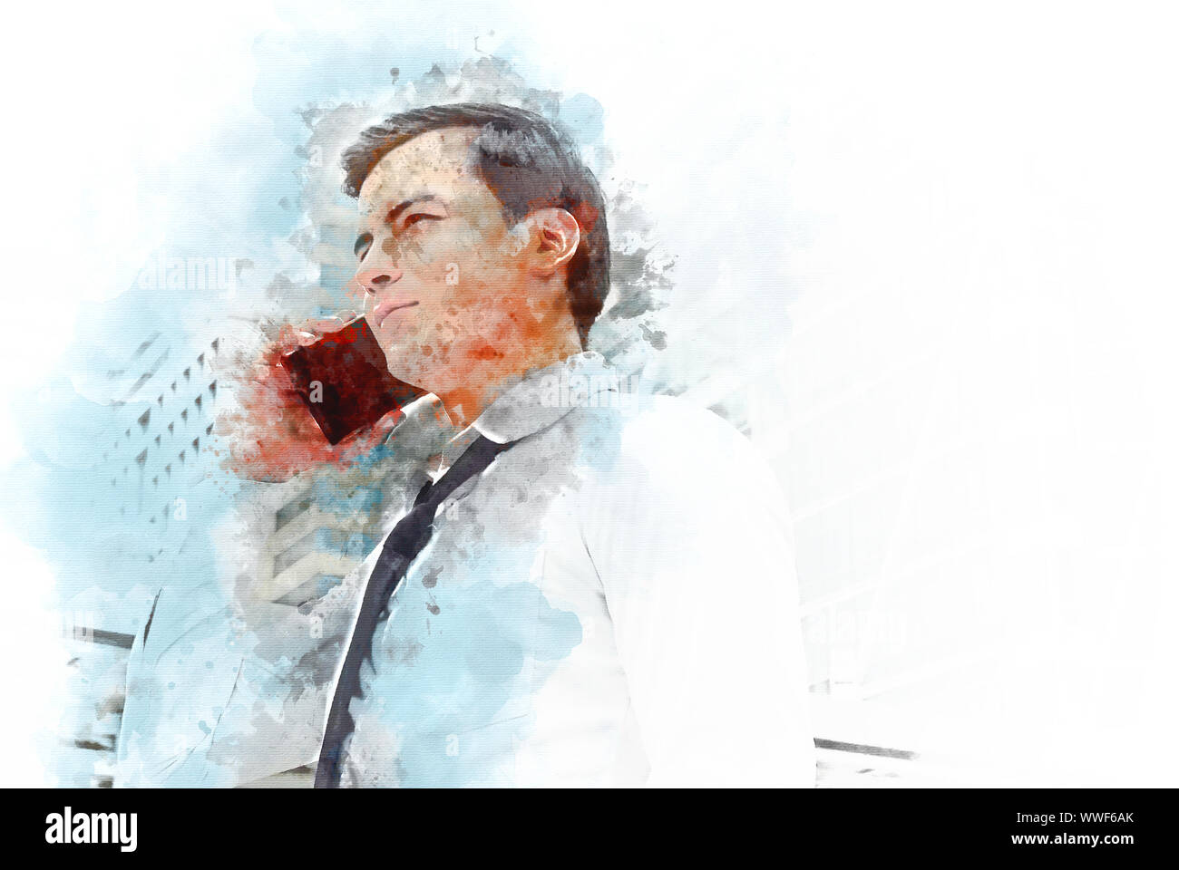 Businessman Talking On Phone Device And Building Background On