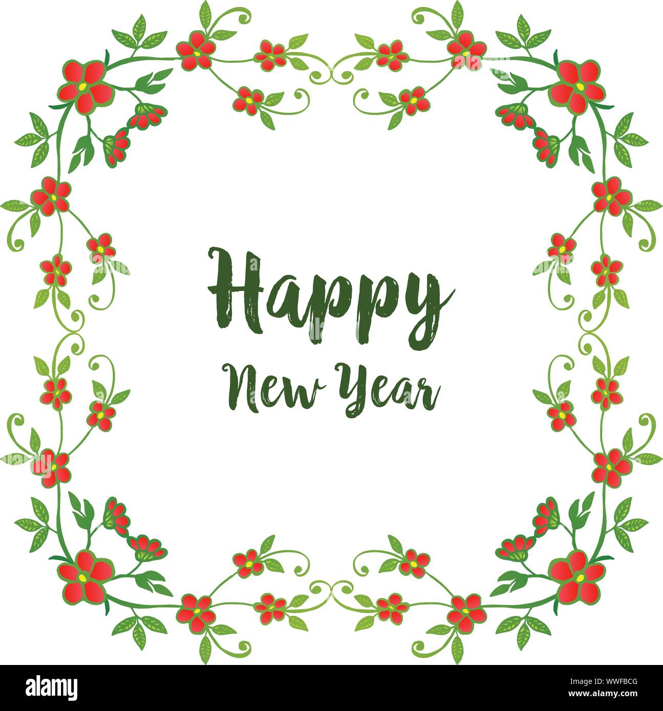 Lettering of happy new year, with border design green leaf flower frame ...