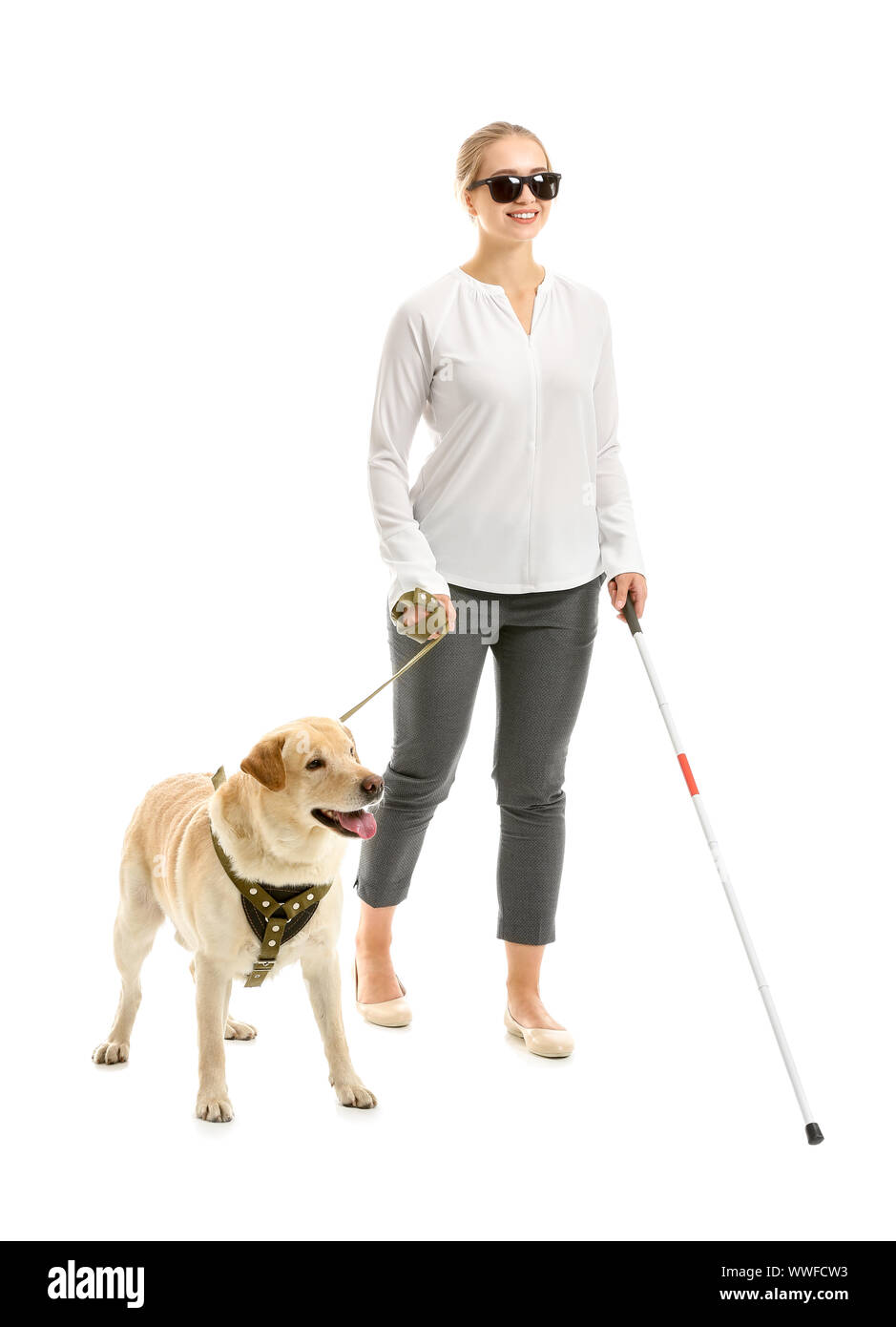 Young blind woman with guide dog on white background Stock Photo - Alamy