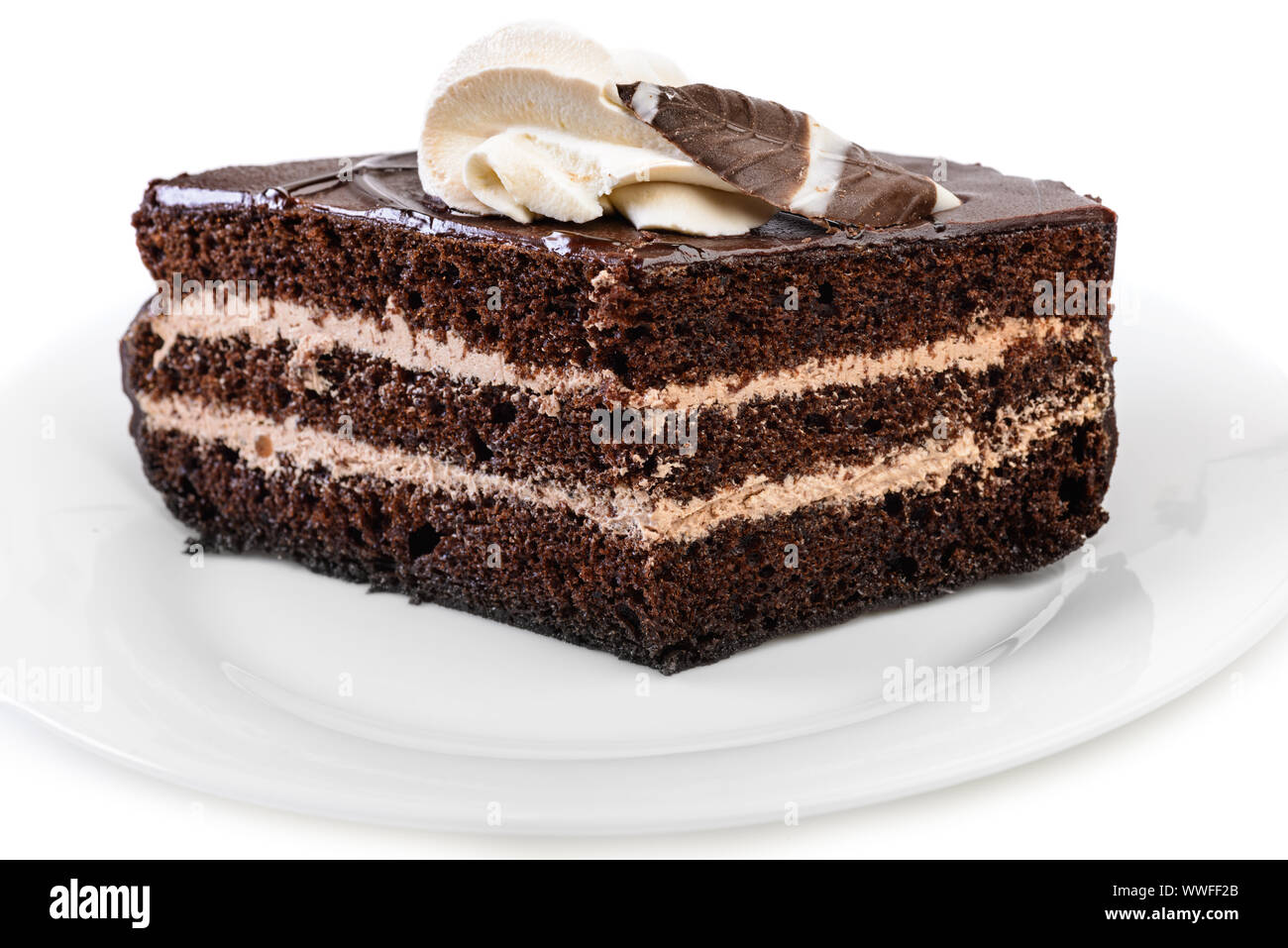 Chocolate cake with chocolate ornate and cream on plate Stock Photo