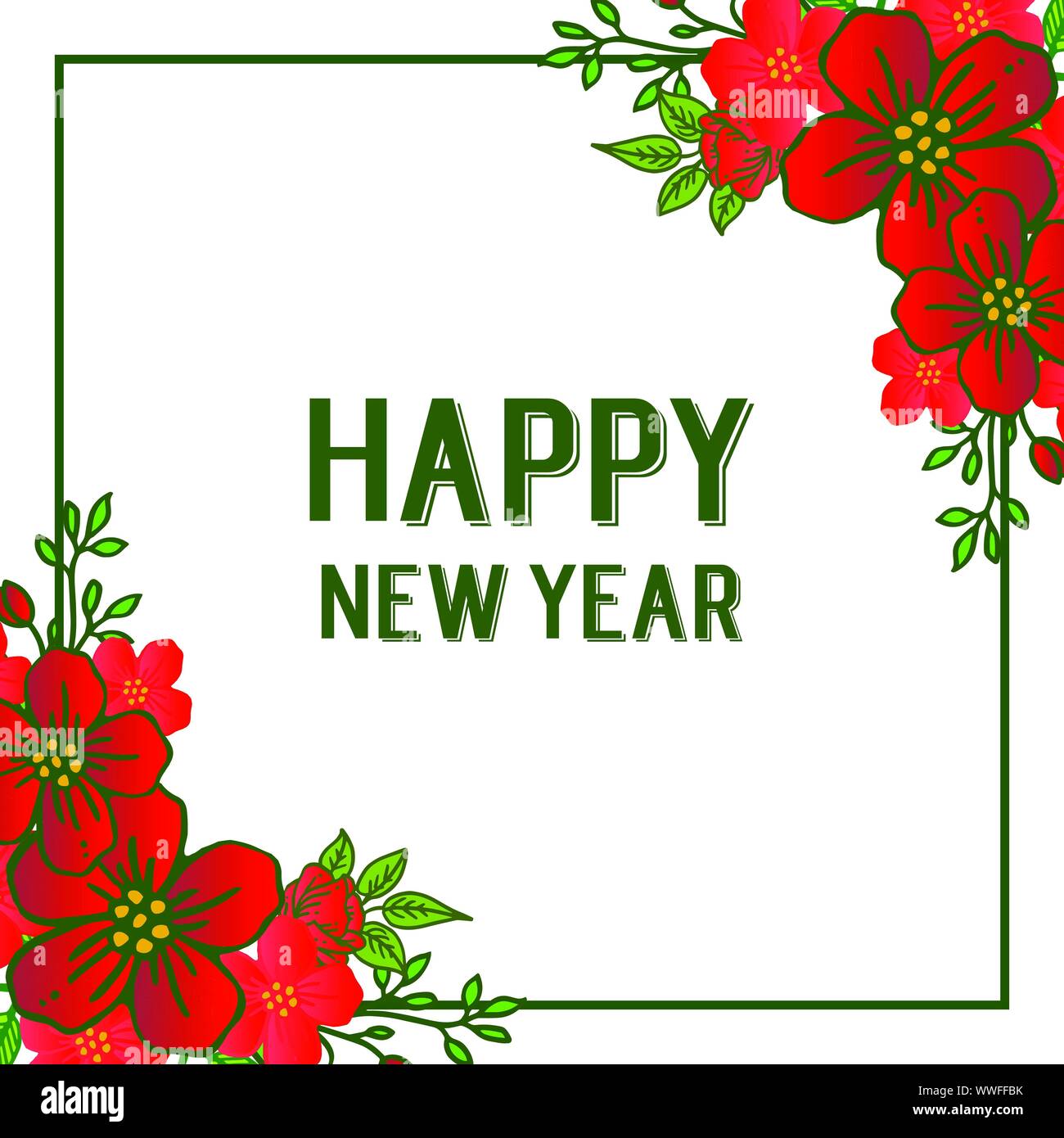 Design element of card happy new year, with beauty of red flower frame ...
