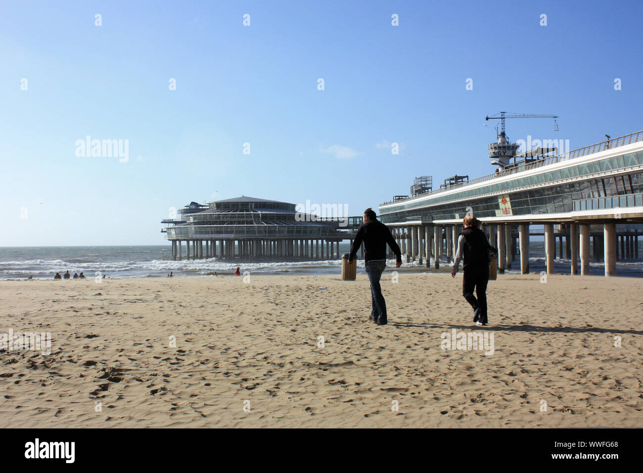 Scheveningen beach, the most popular stretch of sand in Holland. It is a great place for walking, sunning and swimming, as well as surfing. Stock Photo