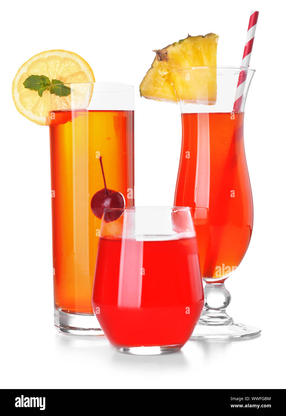 Different cocktails in glasses on white background Stock Photo Alamy