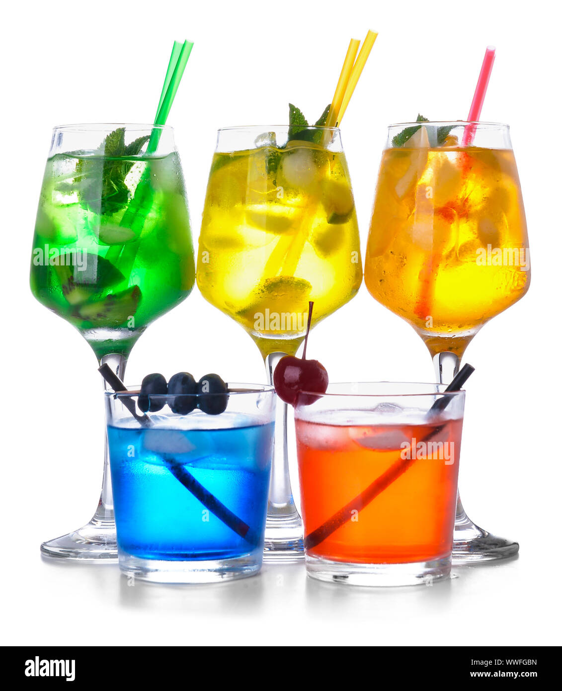 Different cocktails in glasses on white background Stock Photo Alamy
