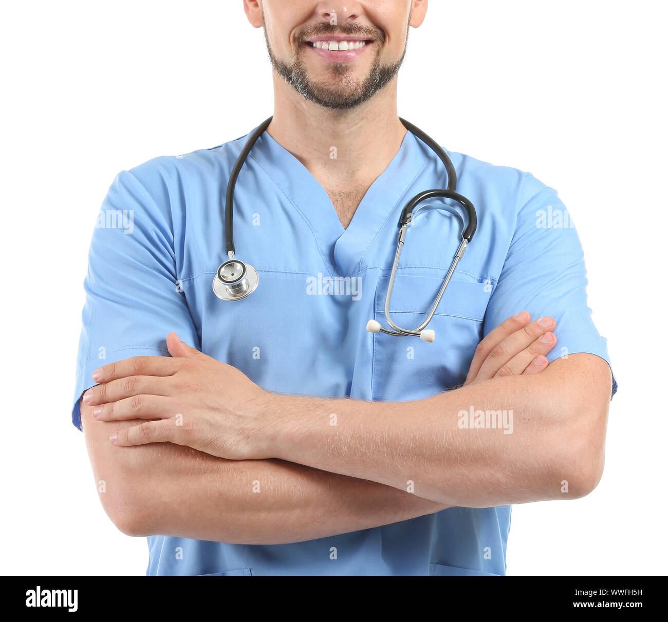 Male nurse with stethoscope on white background Stock Photo - Alamy