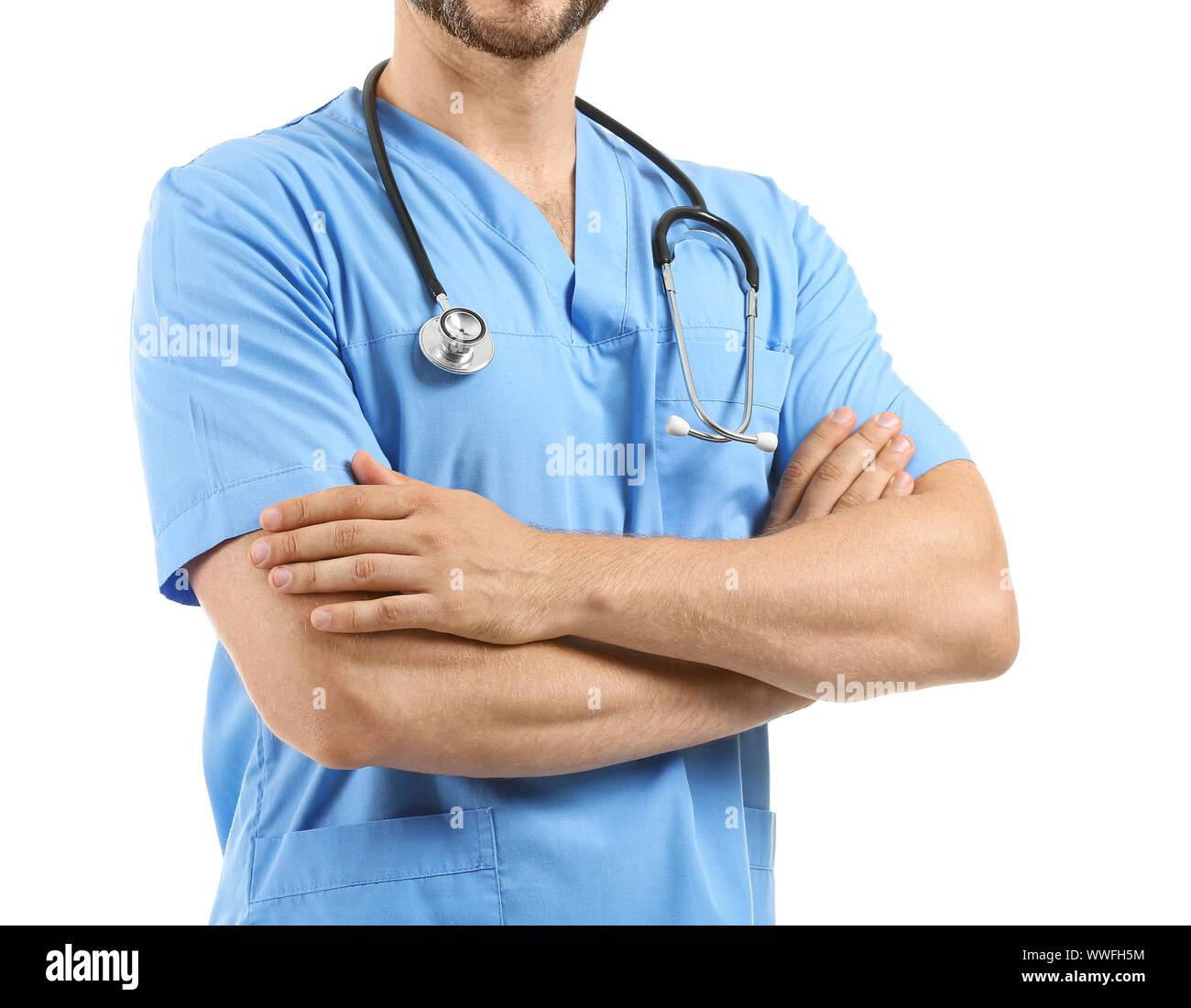 Male nurse with stethoscope on white background Stock Photo - Alamy