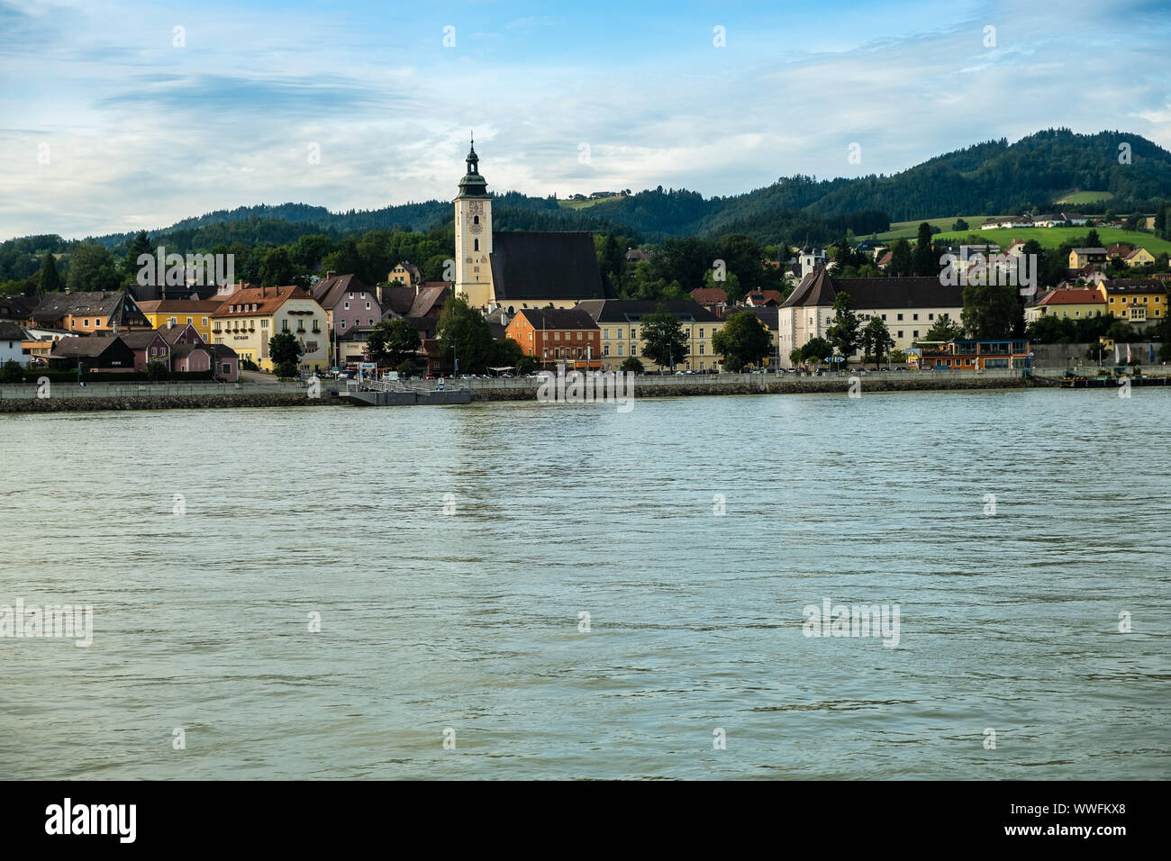The village of Grein on the bank of the Danube, Austria Stock Photo