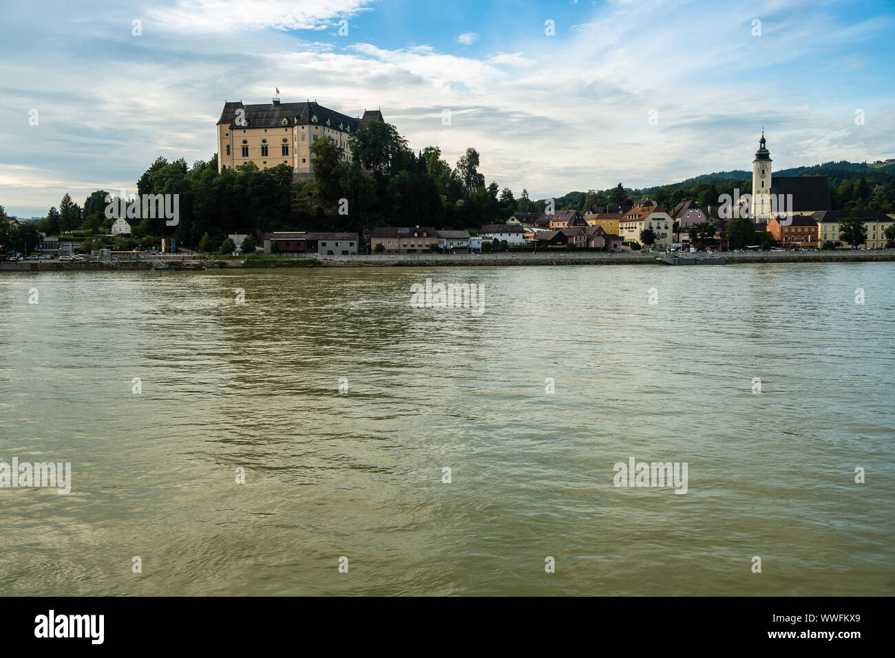 The village of Grein on the bank of the Danube, Austria Stock Photo