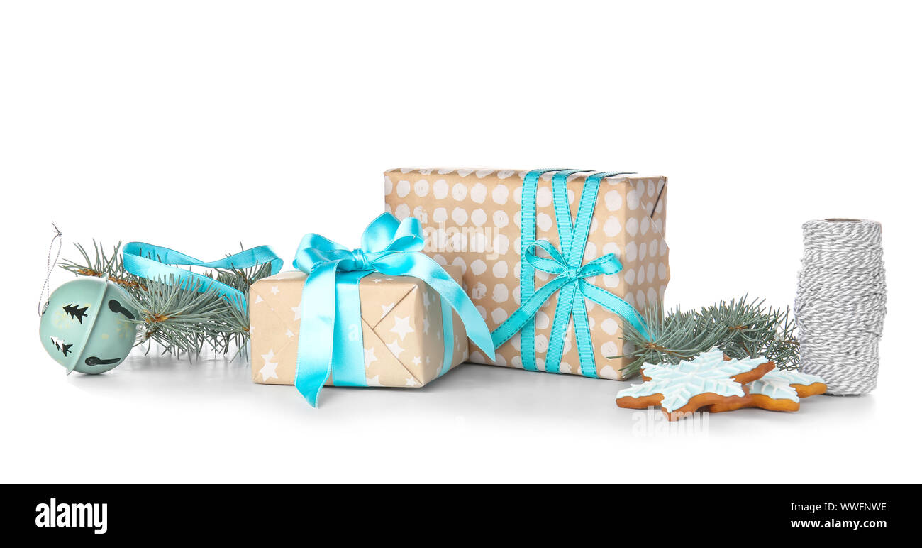 Beautiful Christmas gift boxes on white background Stock Photo - Alamy