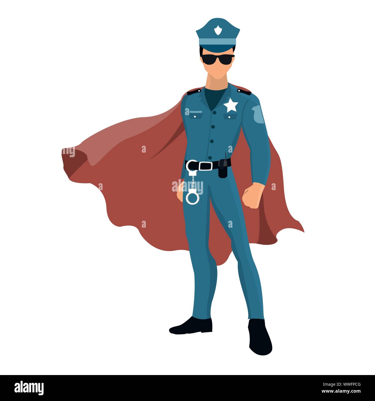 Cartoon superhero policeman with red cape Stock Vector
