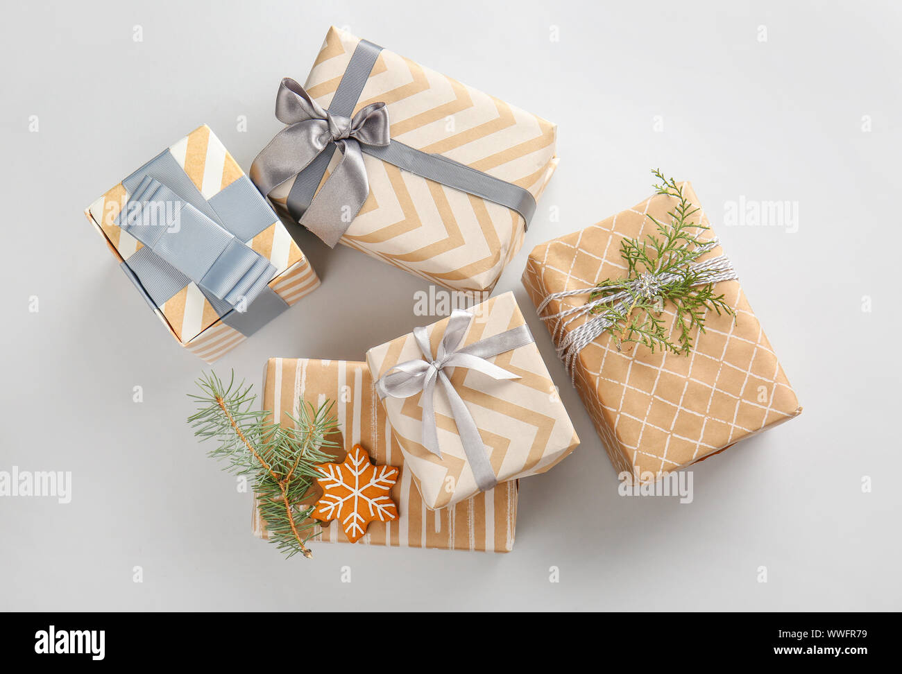 Beautiful Christmas gift boxes on white background Stock Photo - Alamy