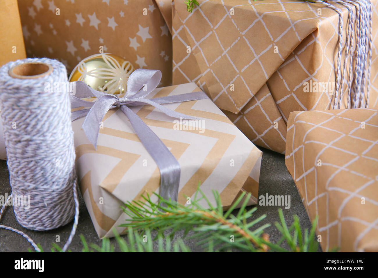 Beautiful Christmas gift boxes on table Stock Photo