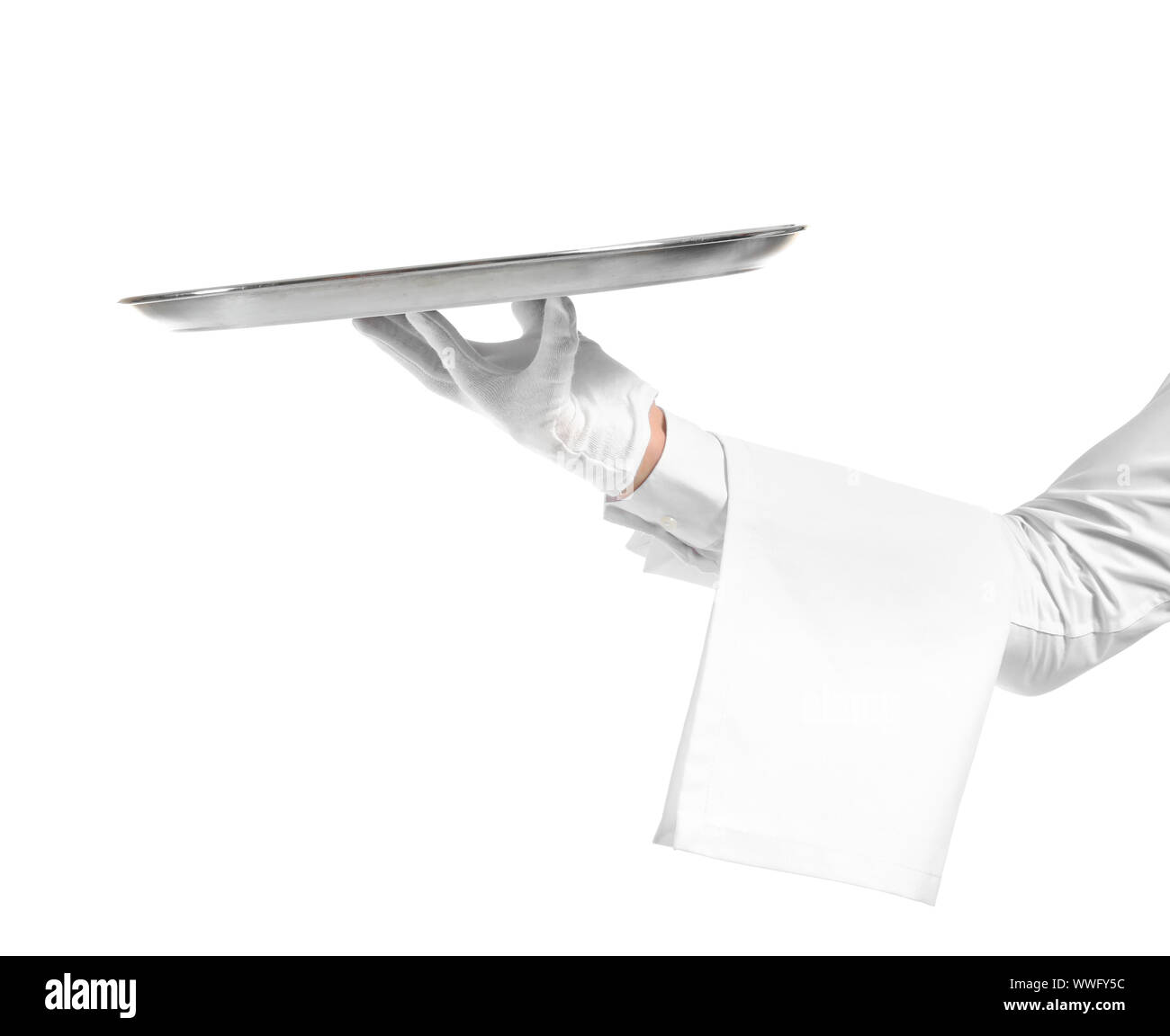 Hand of waiter with empty tray on white background Stock Photo - Alamy