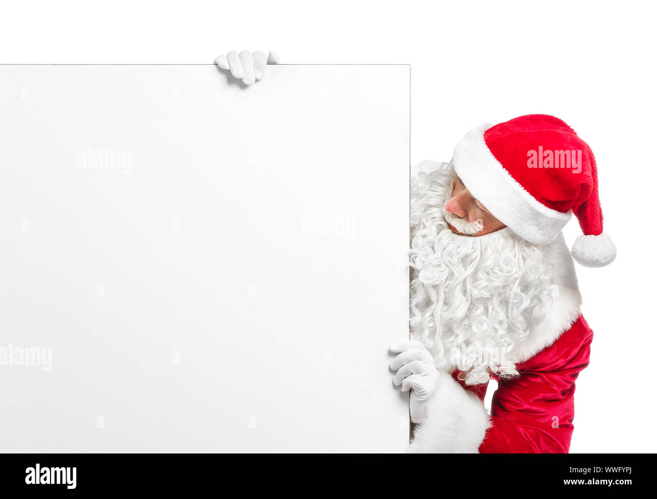 Portrait of Santa Claus with blank poster on white background Stock ...