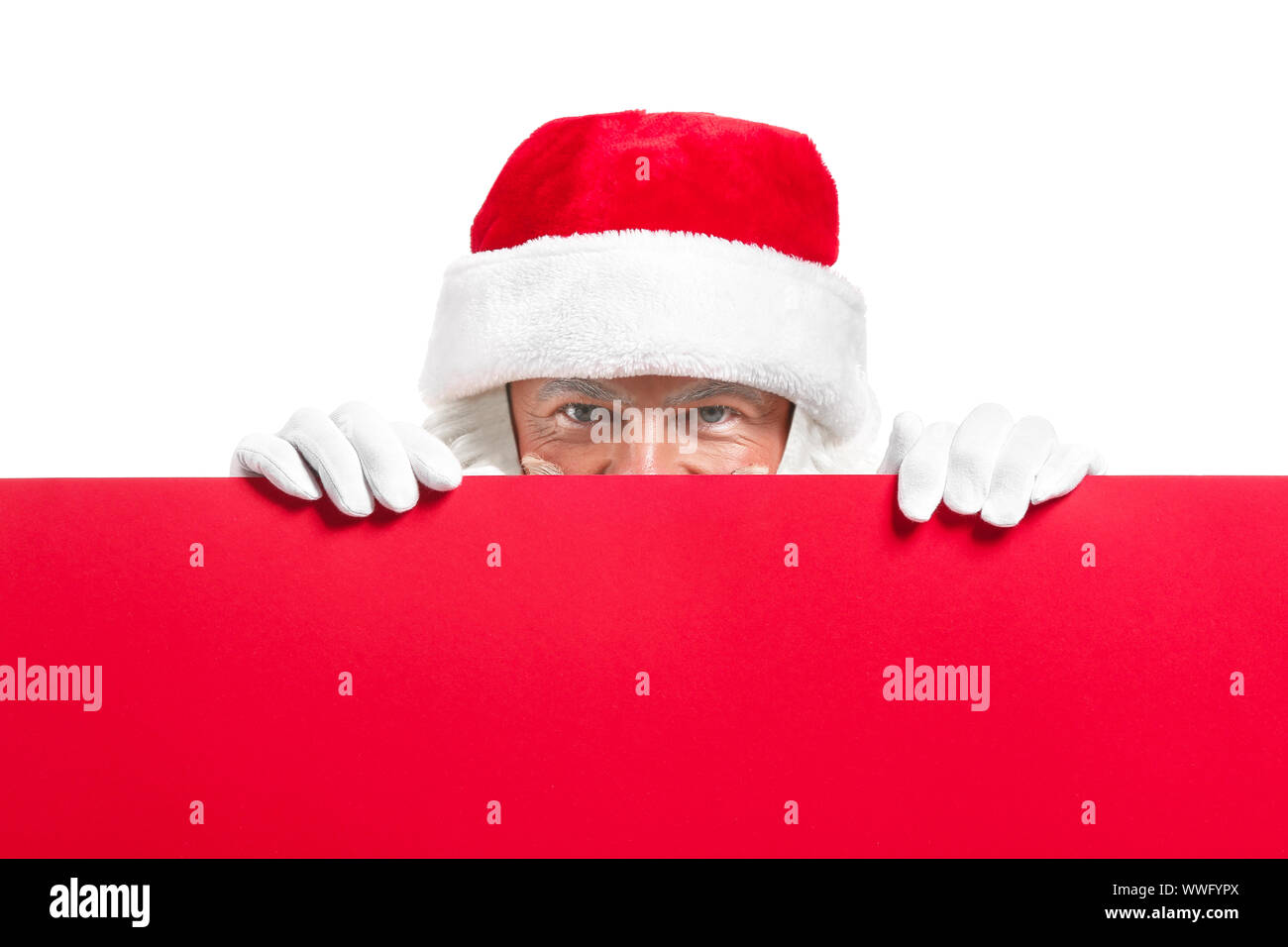 Portrait of Santa Claus with blank poster on white background Stock ...