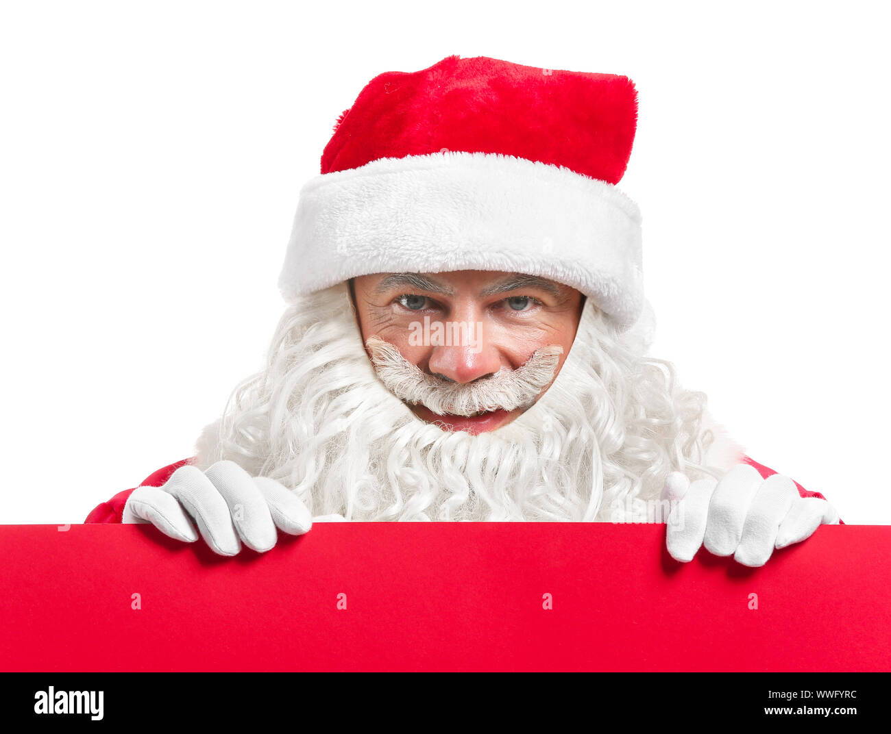 Portrait of Santa Claus with blank poster on white background Stock ...