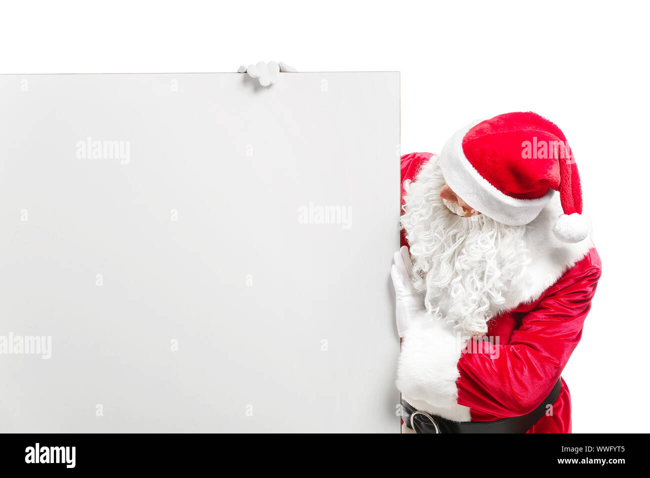 Portrait of Santa Claus with blank poster on white background Stock ...